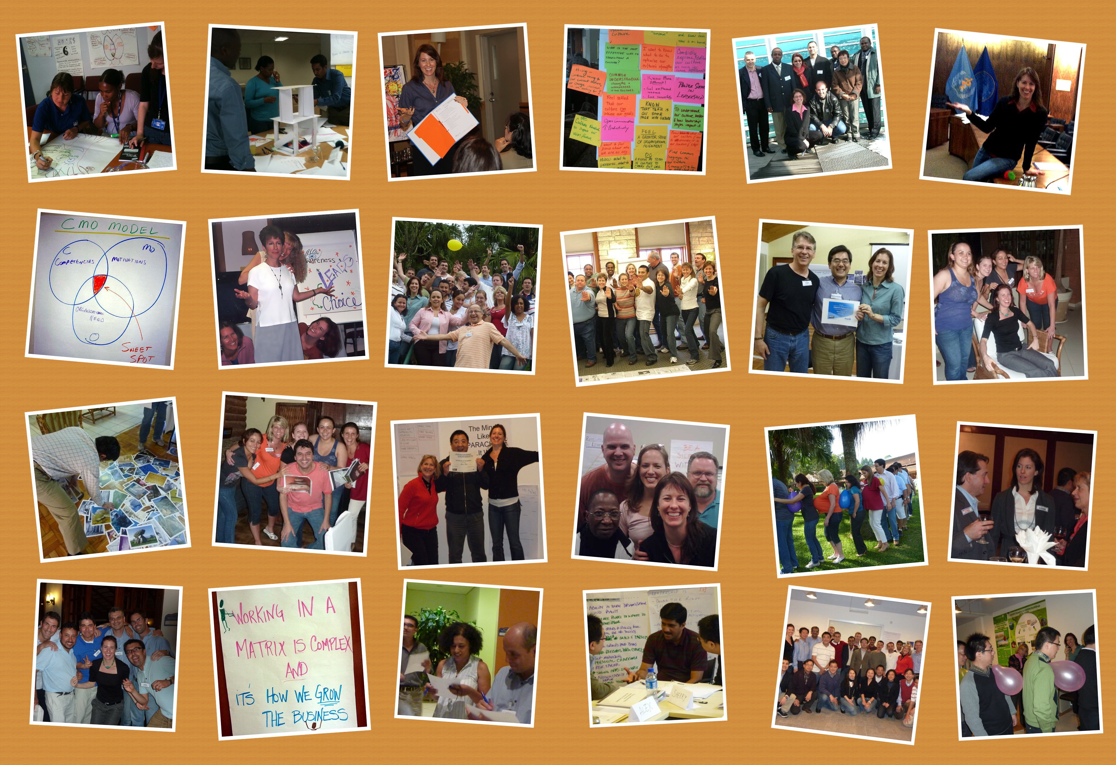 A collage of Amanda Carrothers facilitating leadership workshops, retreats, and coaching engagements over thirty years